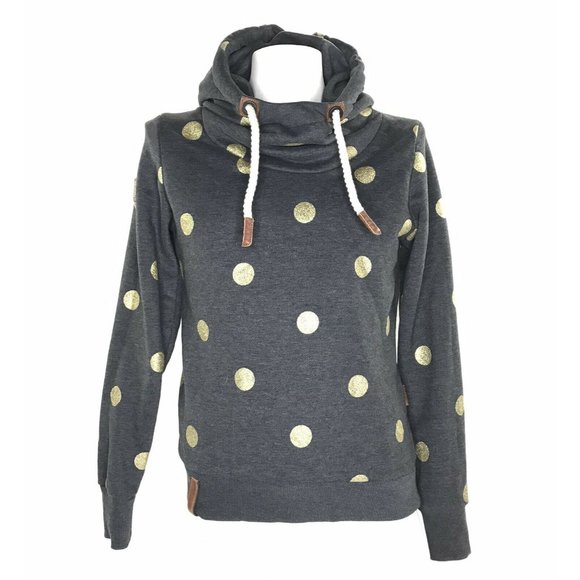 Naketano Women's Hoodie Pullover Brave New Word Gray Gold Sequined Polkadots M - Picture 1 of 11